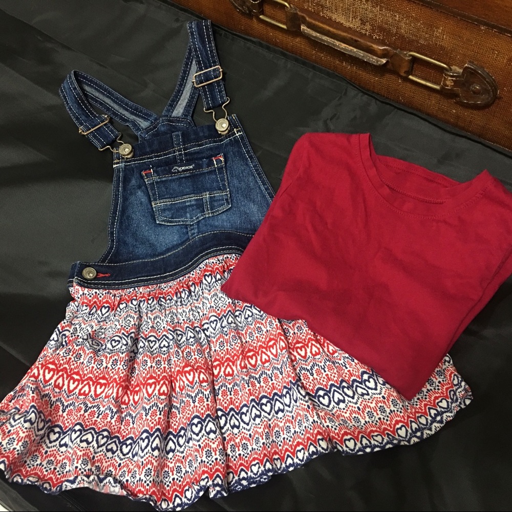 *ON HOLD* 2pc girls denim overalls dress and tee